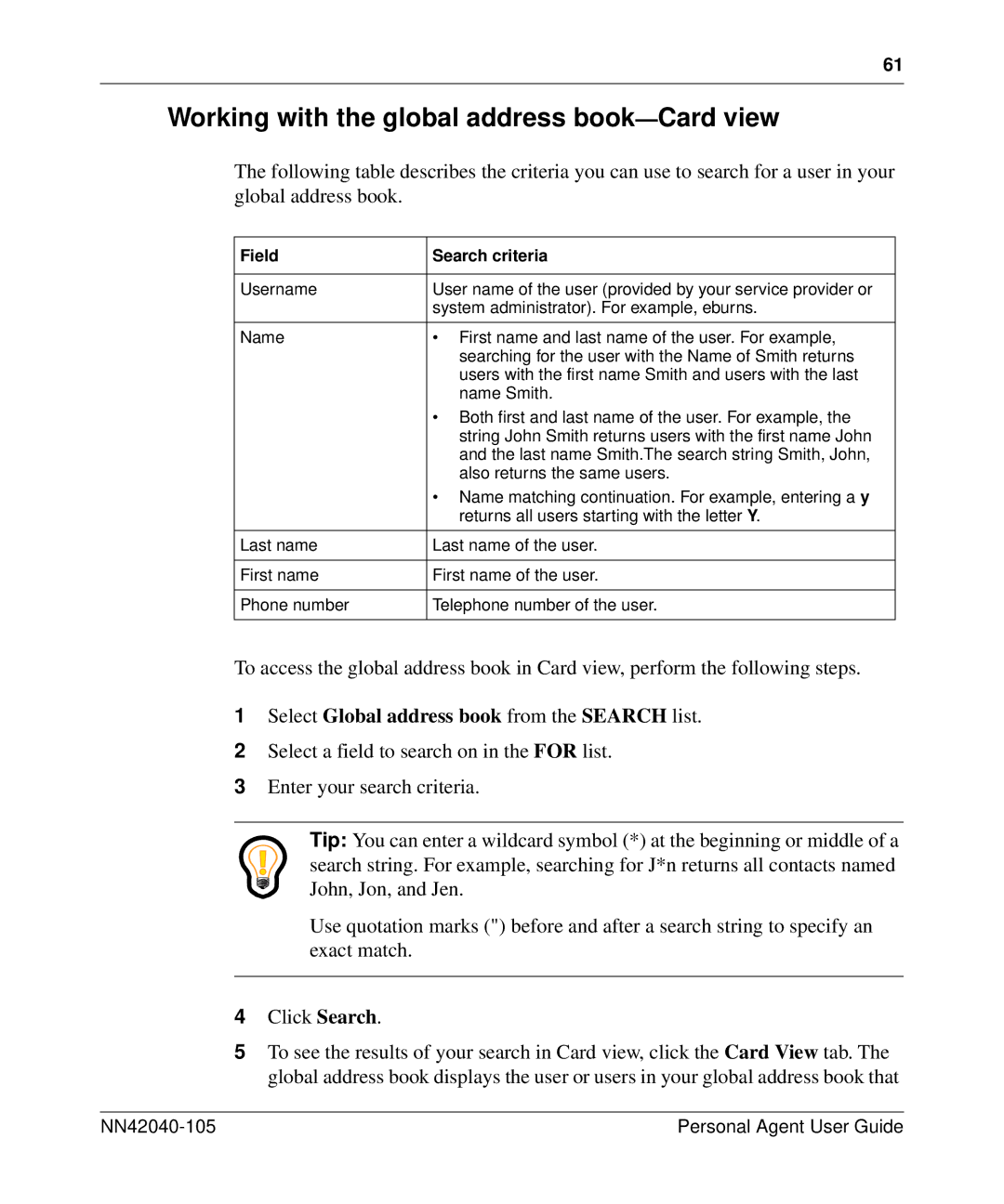 Nortel Networks AS 5300 manual Working with the global address book-Card view 