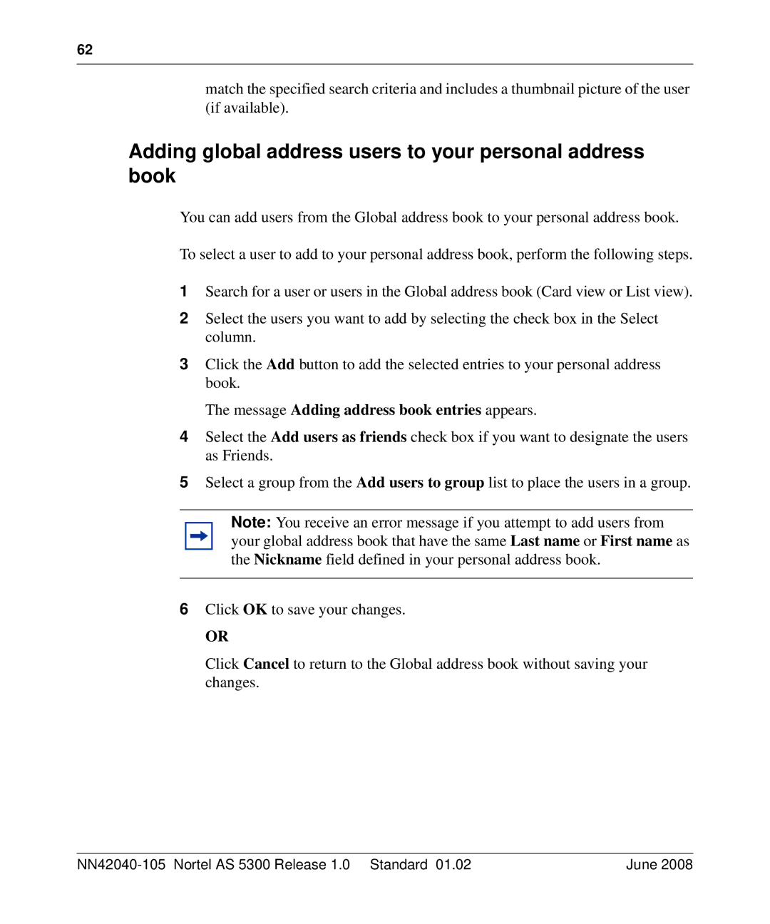 Nortel Networks AS 5300 manual Adding global address users to your personal address book 