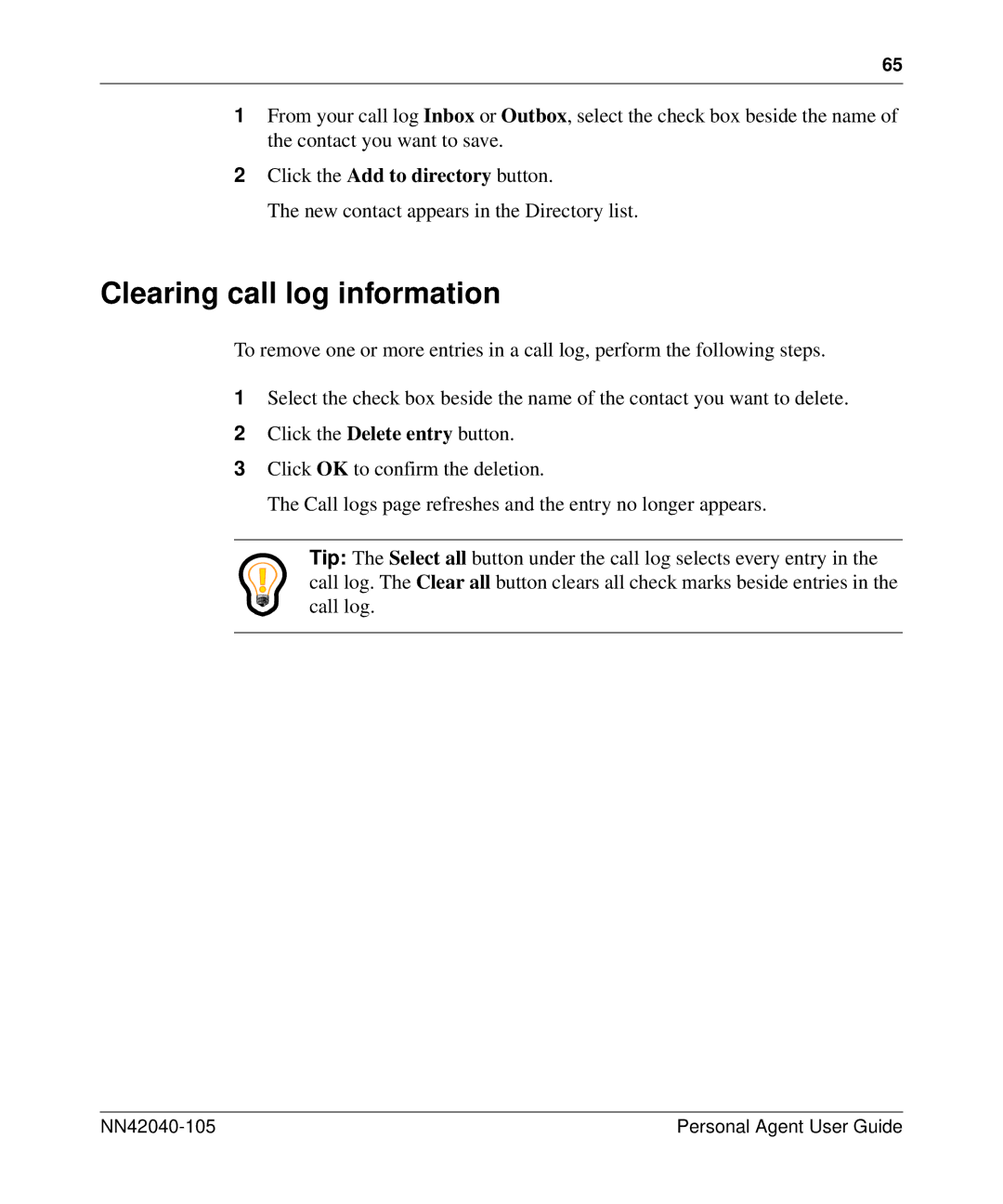 Nortel Networks AS 5300 manual Clearing call log information 