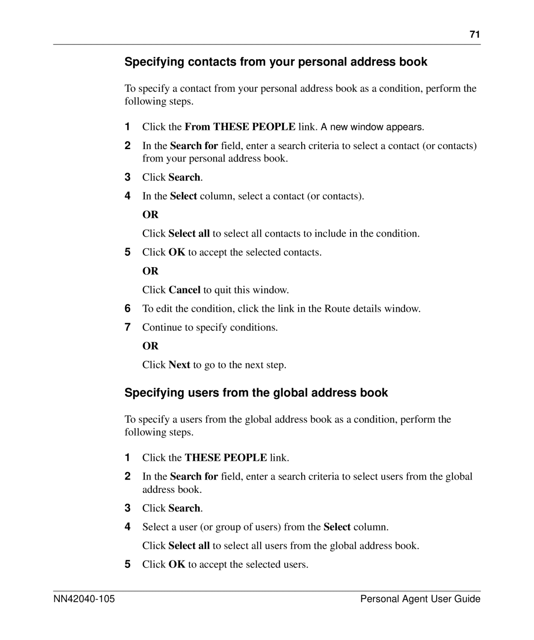 Nortel Networks AS 5300 Specifying contacts from your personal address book, Specifying users from the global address book 