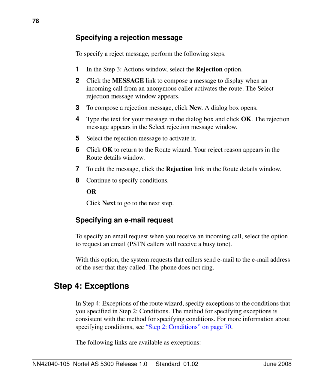 Nortel Networks AS 5300 manual Exceptions, Specifying a rejection message, Specifying an e-mail request 