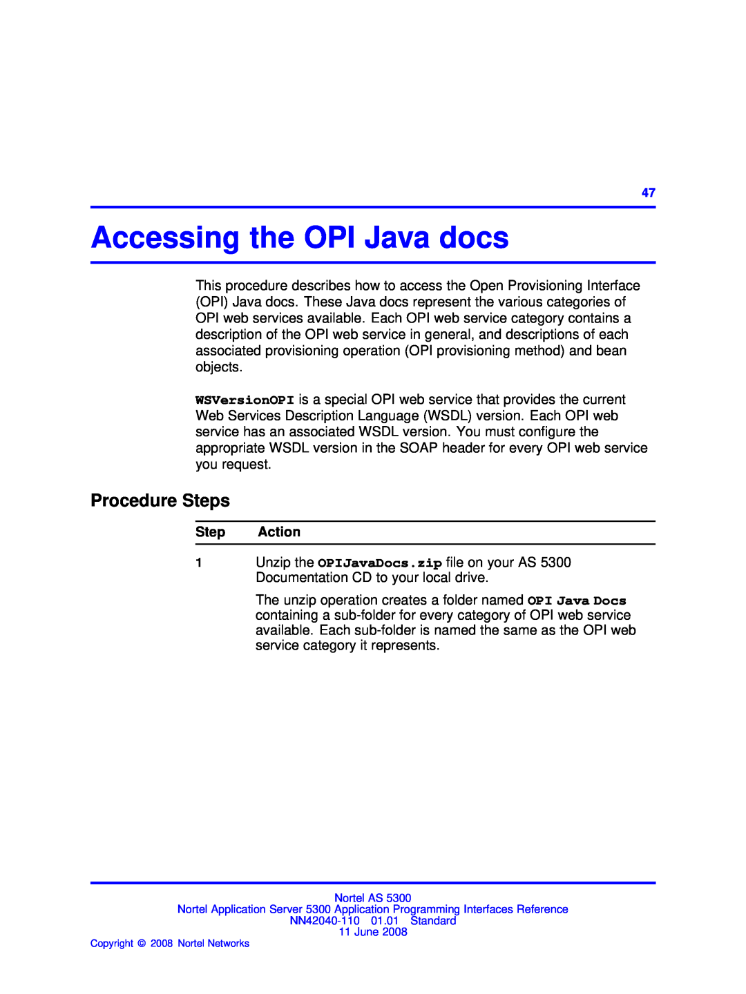 Nortel Networks AS 5300 manual Accessing the OPI Java docs, Procedure Steps, Step Action 