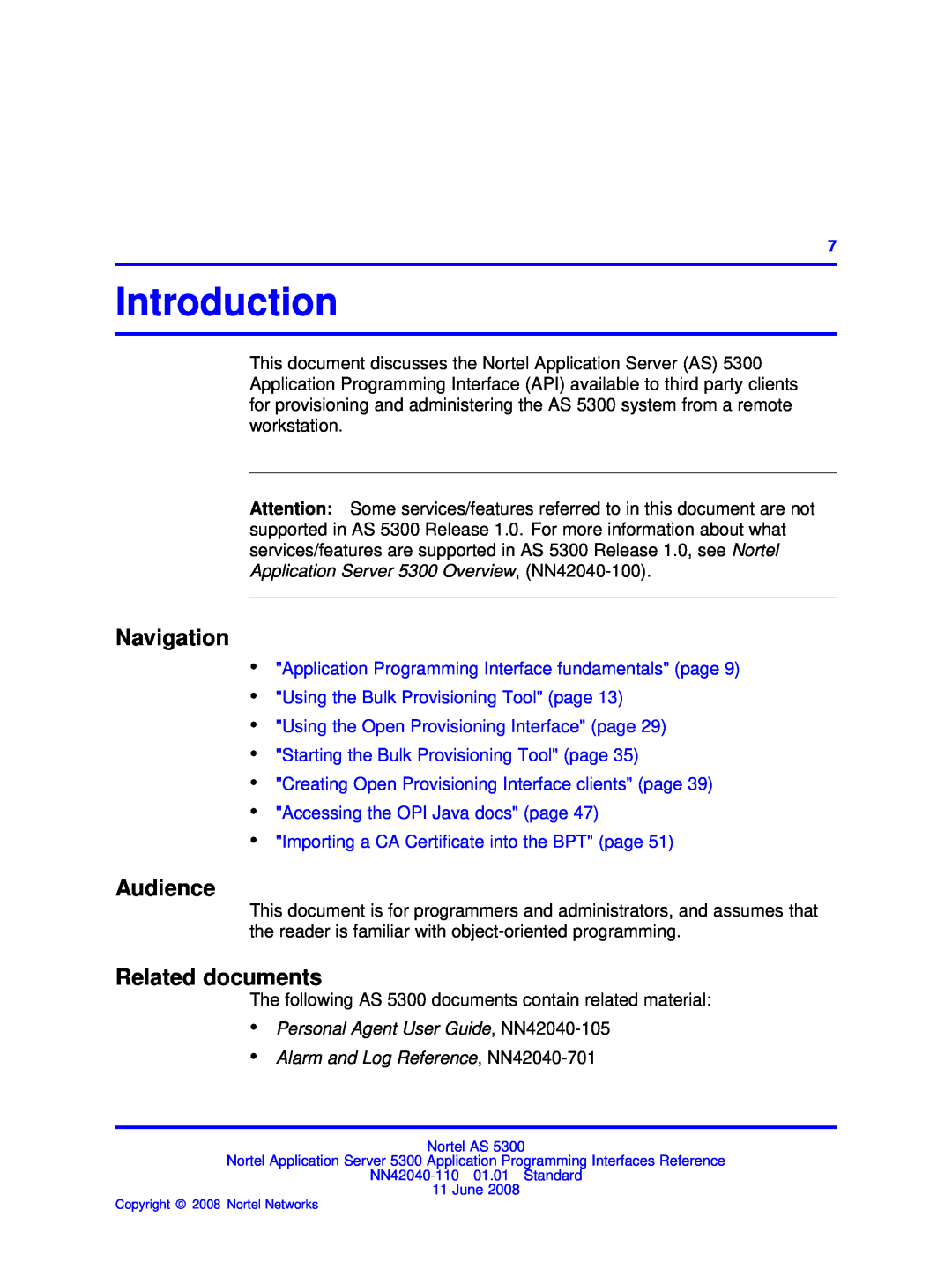 Nortel Networks AS 5300 manual Introduction, Navigation, Audience, Related documents, Using the Bulk Provisioning Tool page 
