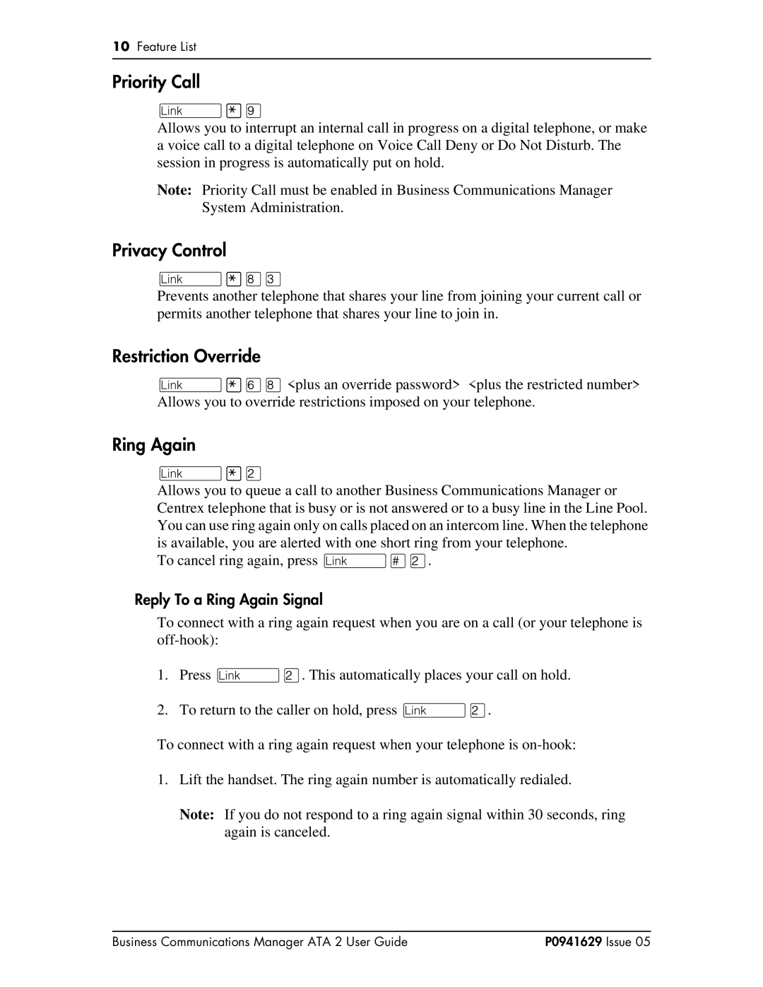 Nortel Networks ATA 2 manual Priority Call, Privacy Control, Restriction Override, Ring Again 