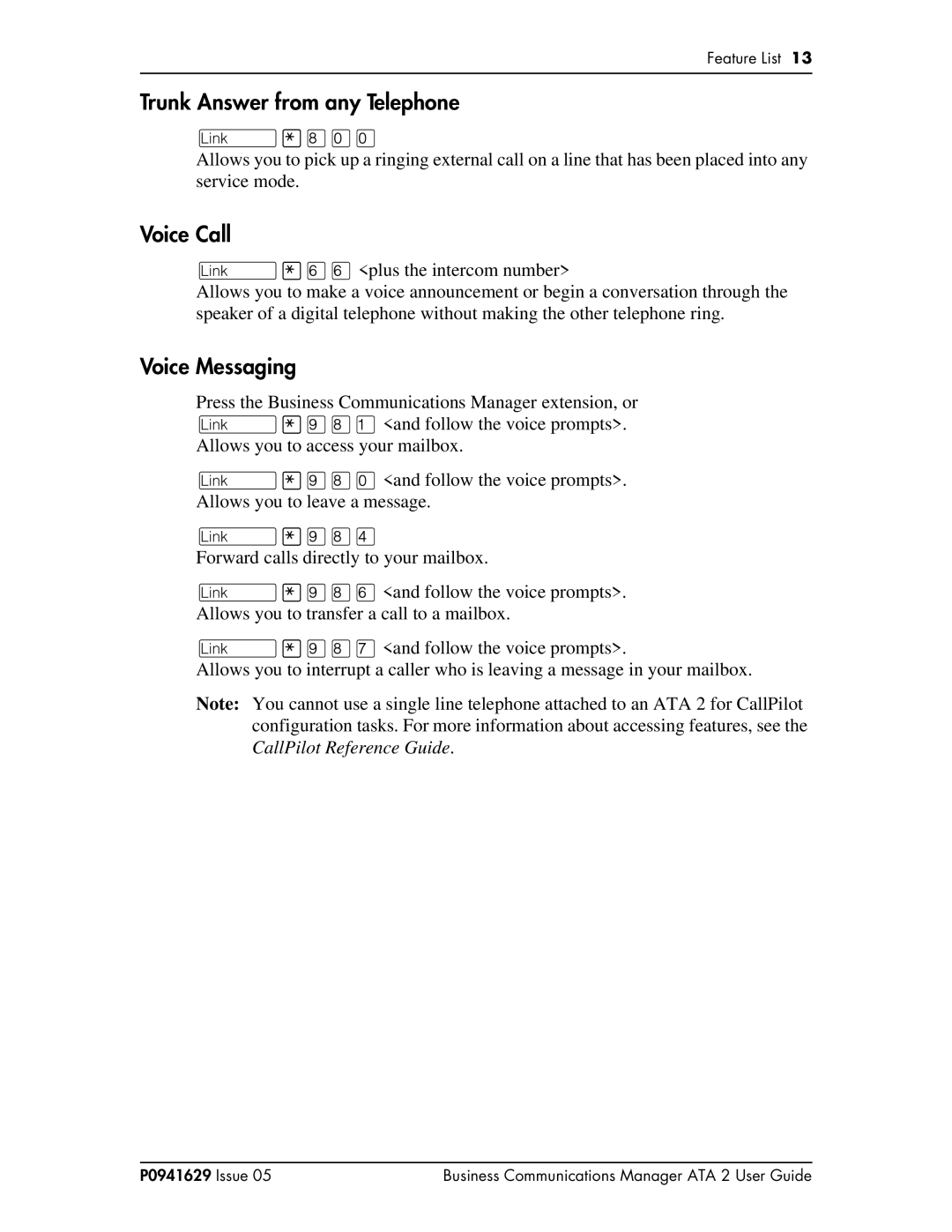 Nortel Networks ATA 2 manual Trunk Answer from any Telephone, Voice Call, Voice Messaging, ¥¡ââ, ¥á¡Ý 