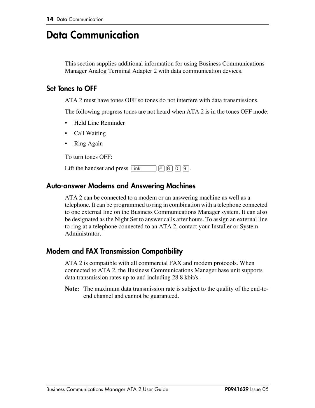 Nortel Networks ATA 2 manual Data Communication, Set Tones to OFF, Auto-answer Modems and Answering Machines 