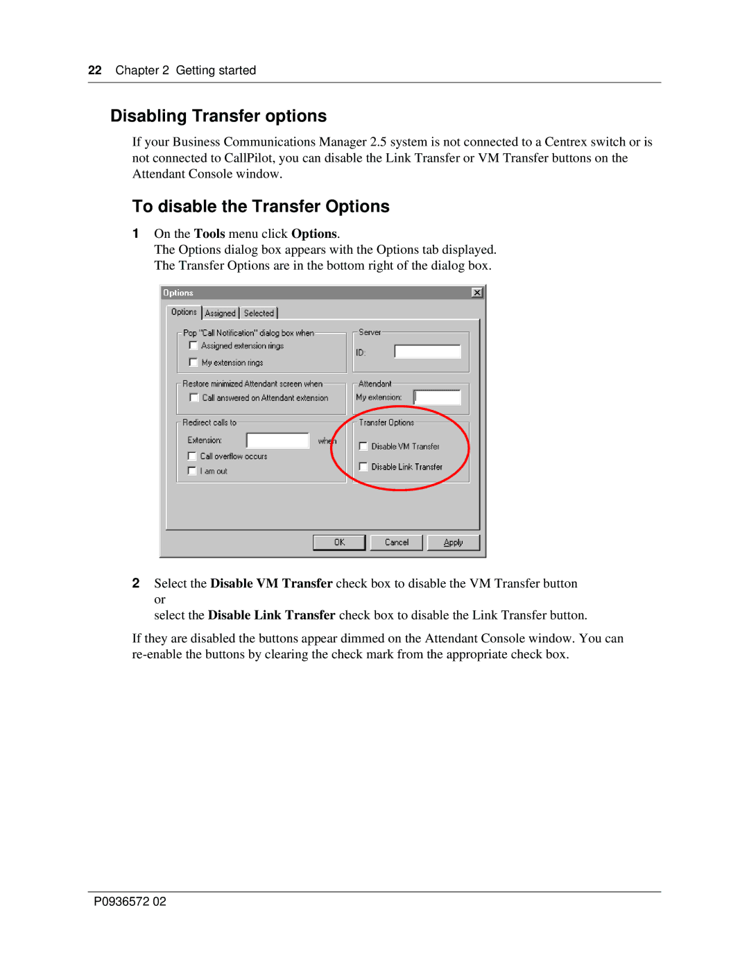 Nortel Networks Attendant Console manual Disabling Transfer options, To disable the Transfer Options 