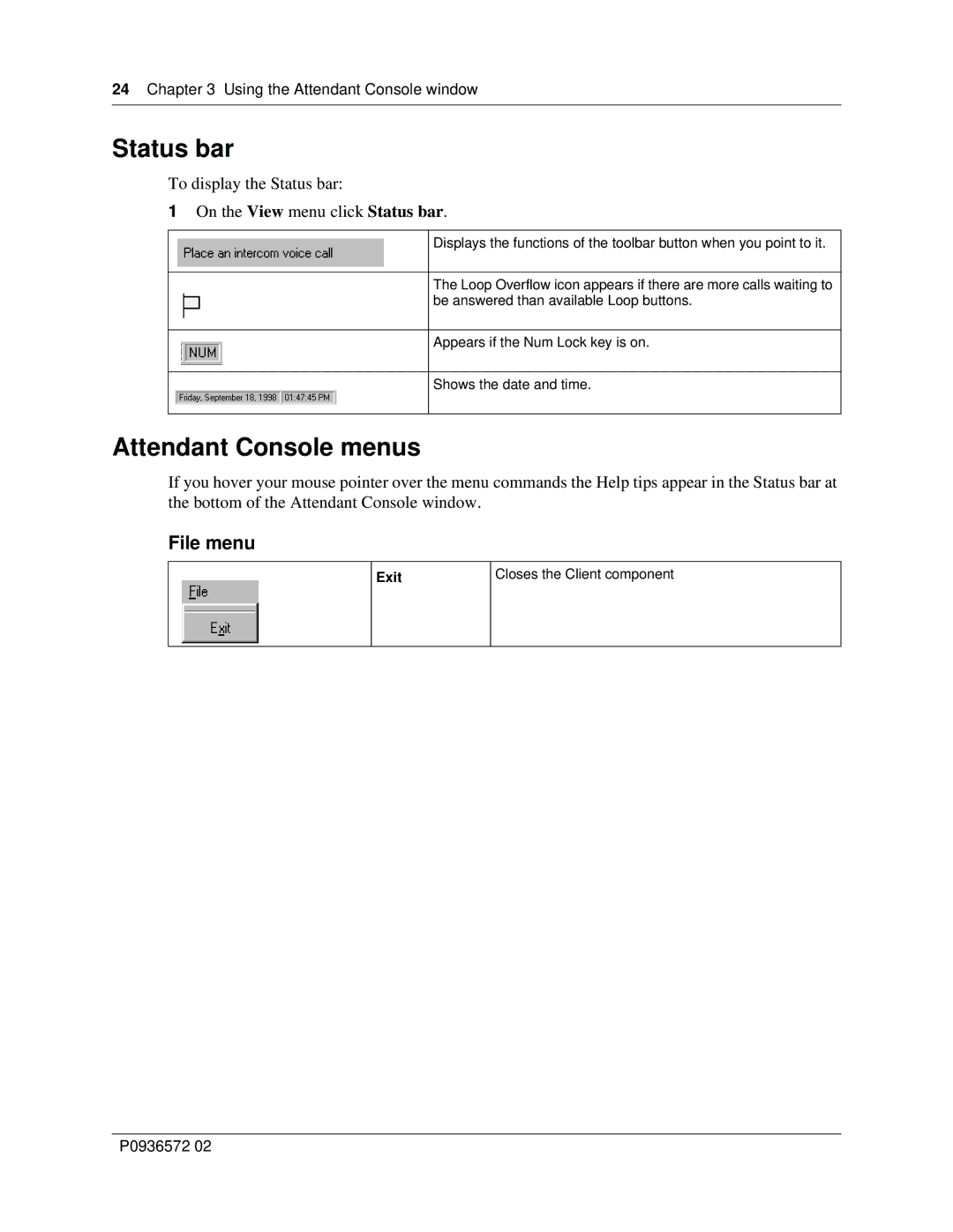 Nortel Networks manual Status bar, Attendant Console menus, File menu, Exit 