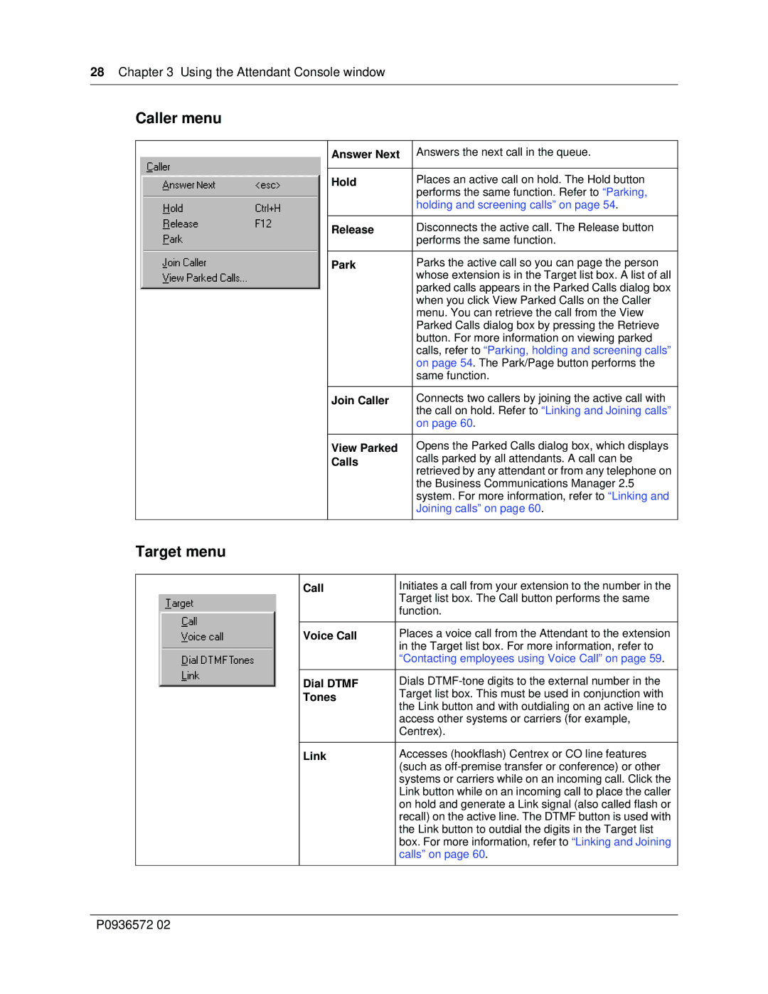 Nortel Networks Attendant Console manual Caller menu, Target menu 