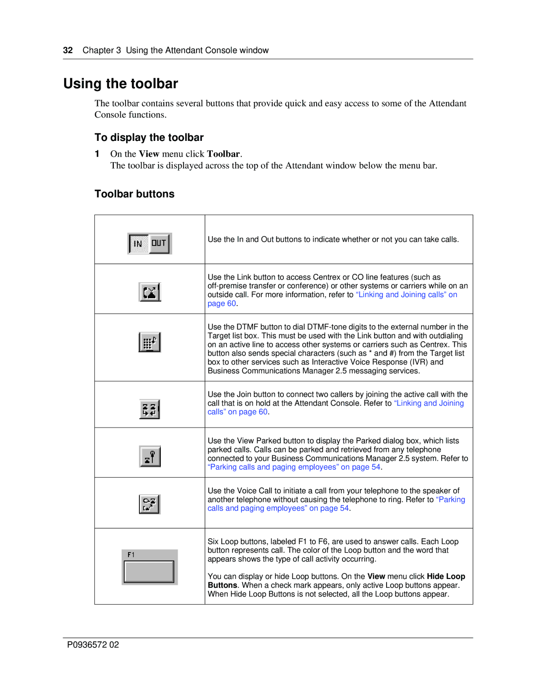 Nortel Networks Attendant Console manual Using the toolbar, To display the toolbar, Toolbar buttons 