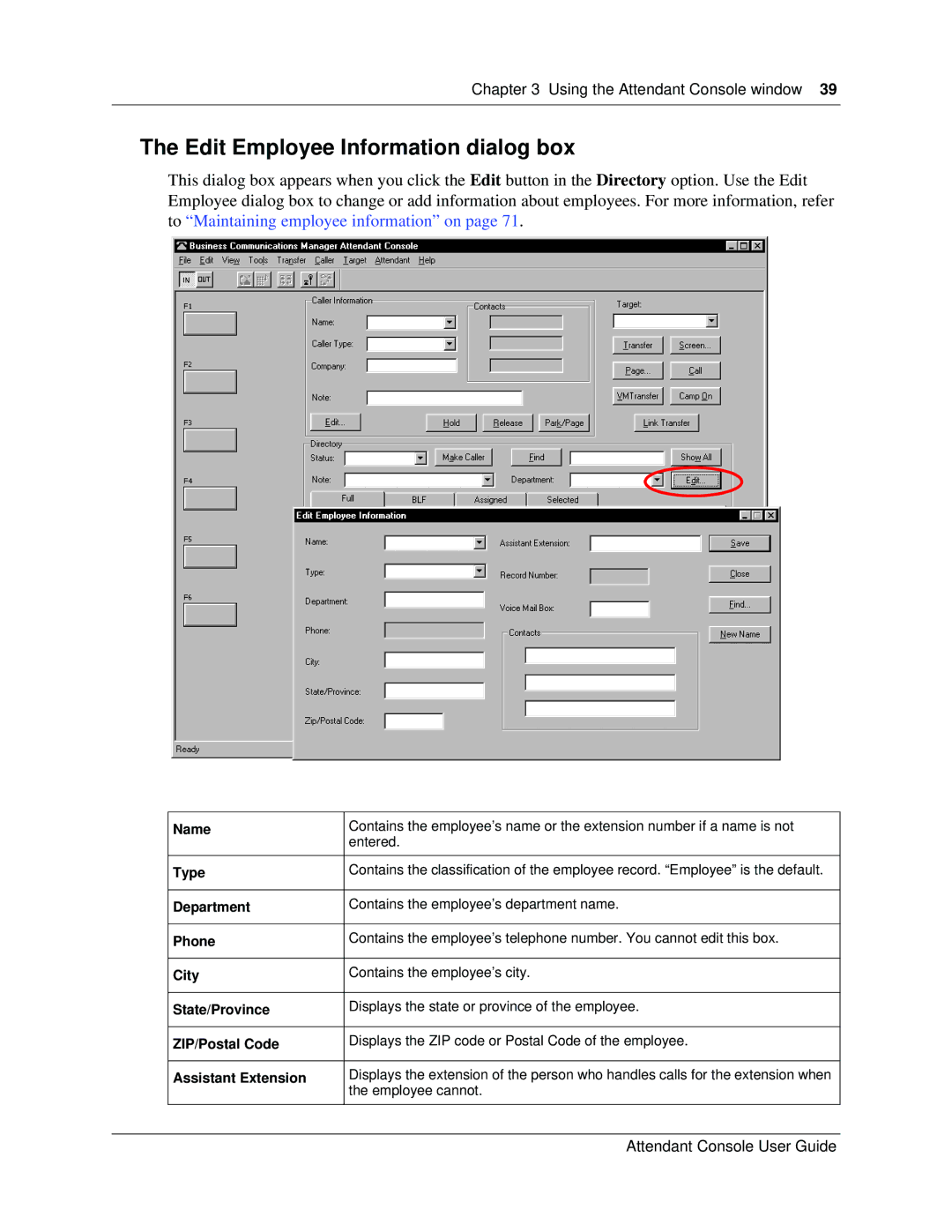 Nortel Networks Attendant Console manual Edit Employee Information dialog box 