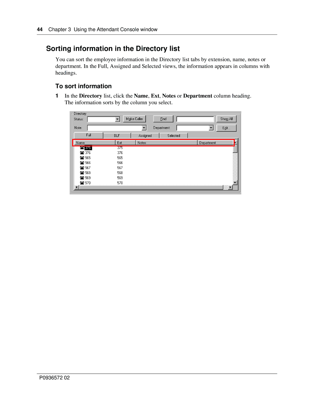 Nortel Networks Attendant Console manual Sorting information in the Directory list, To sort information 