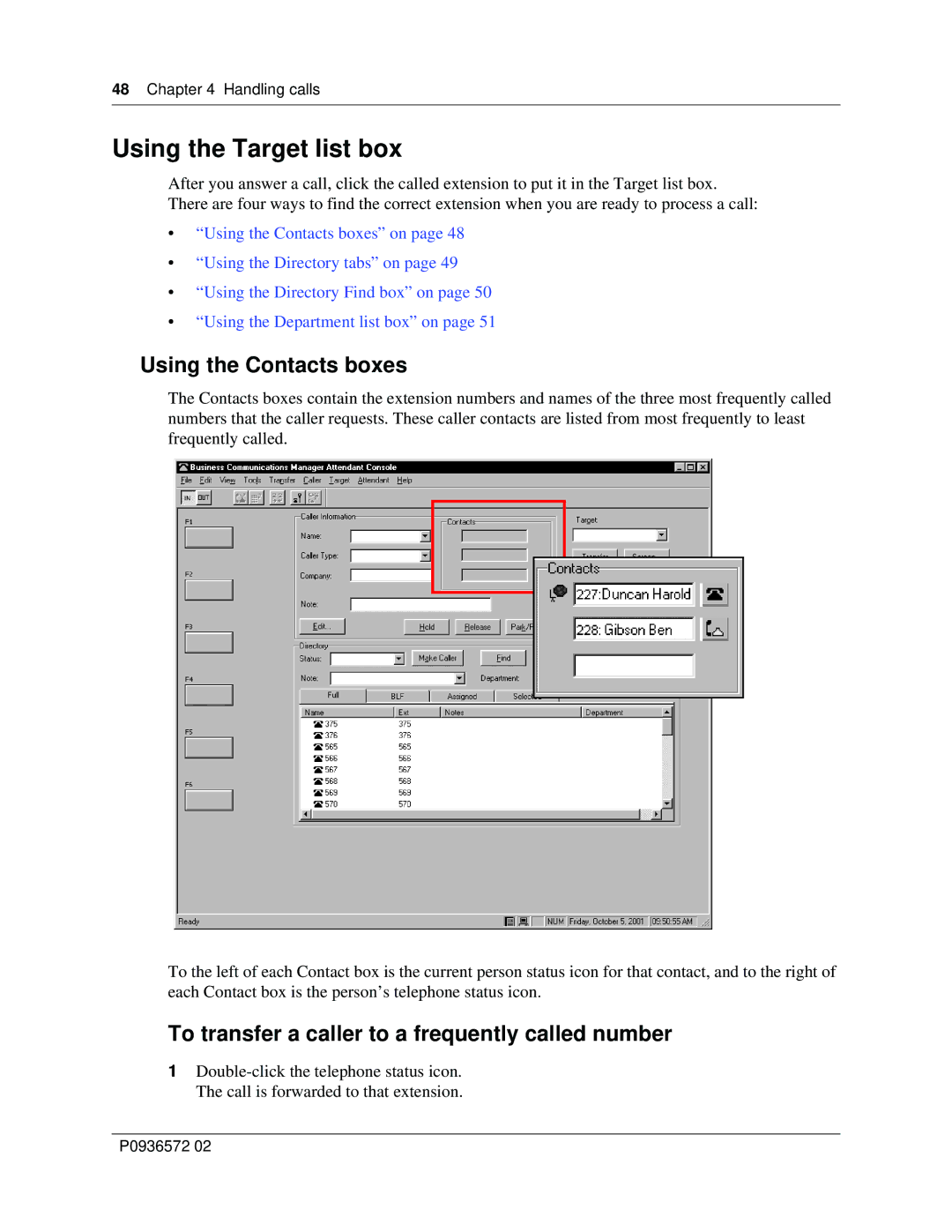 Nortel Networks Attendant Console manual Using the Target list box, Using the Contacts boxes 