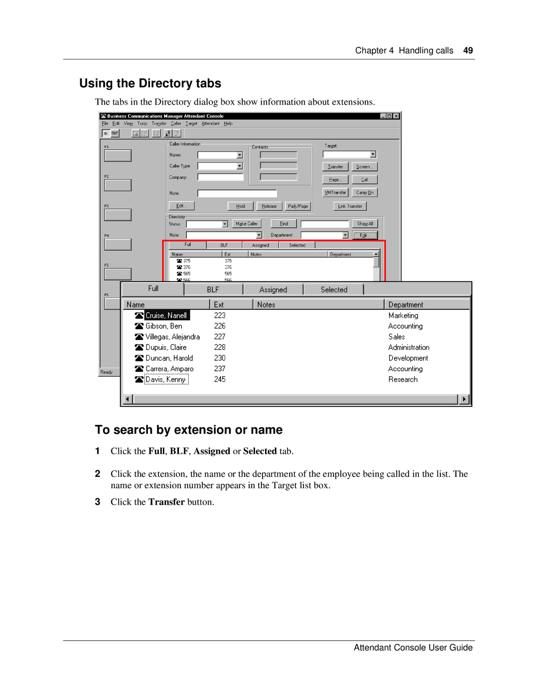 Nortel Networks Attendant Console manual Using the Directory tabs, To search by extension or name 