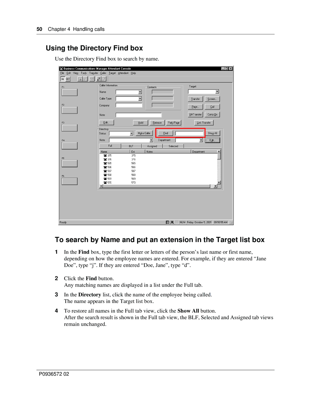 Nortel Networks Attendant Console manual Using the Directory Find box 