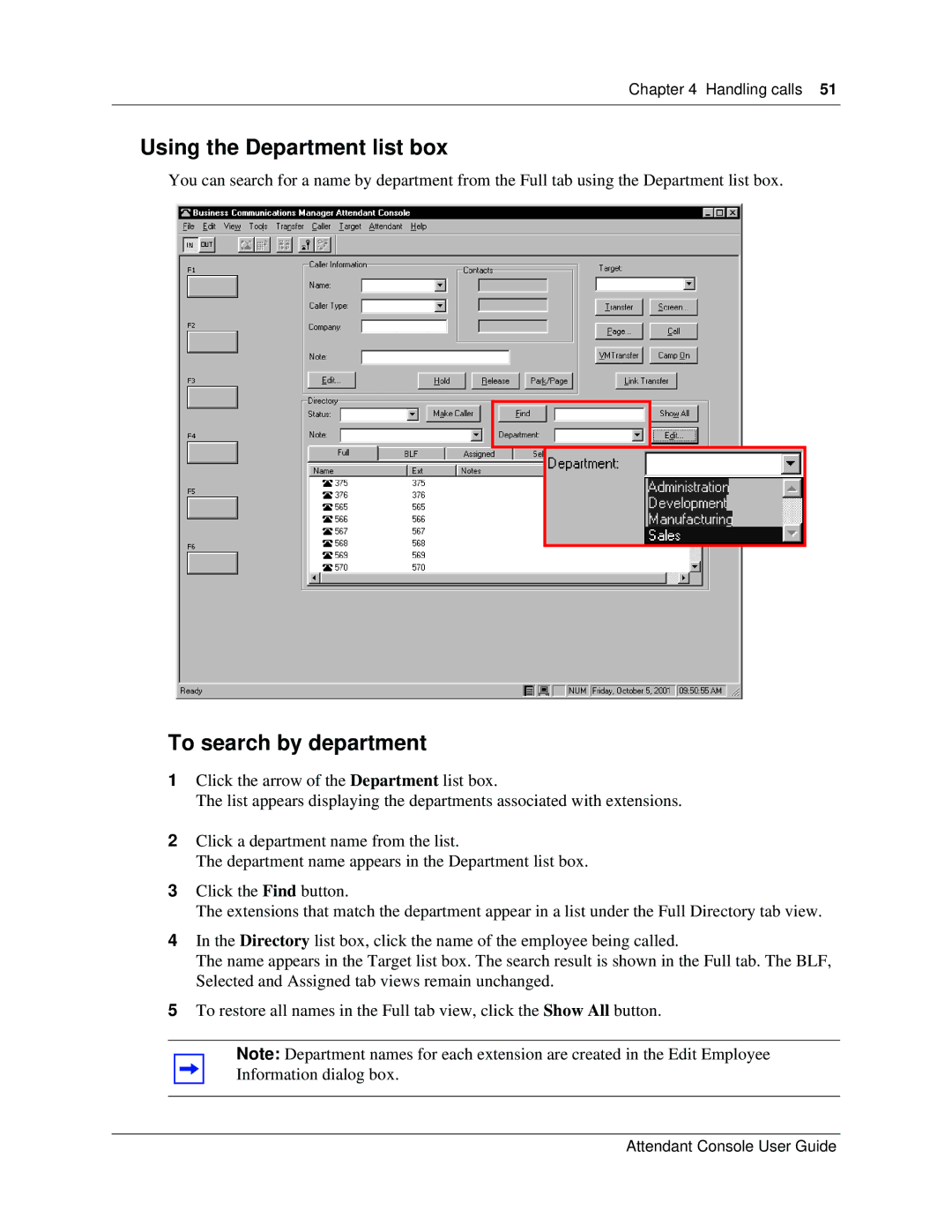 Nortel Networks Attendant Console manual Using the Department list box, To search by department 