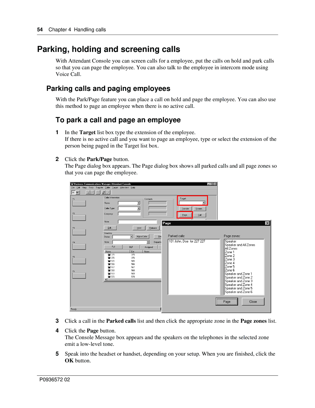 Nortel Networks Attendant Console manual Parking, holding and screening calls, Parking calls and paging employees 