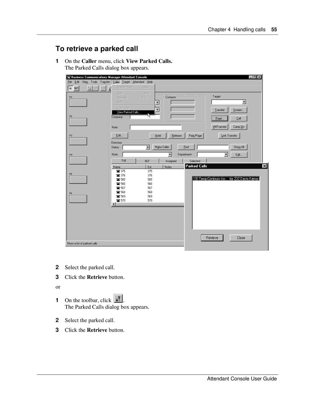 Nortel Networks Attendant Console manual To retrieve a parked call 