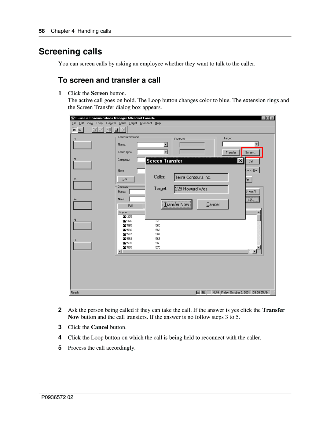 Nortel Networks Attendant Console manual Screening calls, To screen and transfer a call 