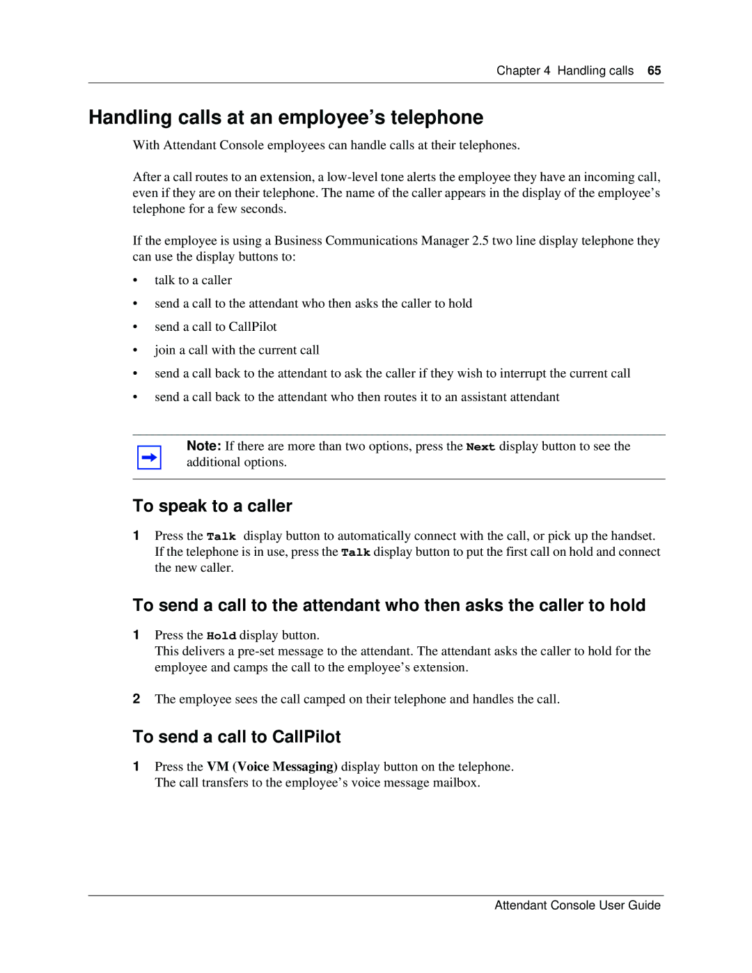 Nortel Networks Attendant Console manual Handling calls at an employee’s telephone, To speak to a caller 