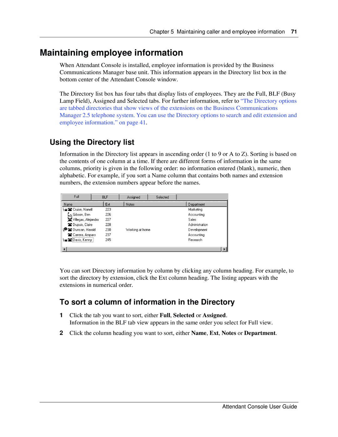 Nortel Networks Attendant Console manual Maintaining employee information, Using the Directory list 