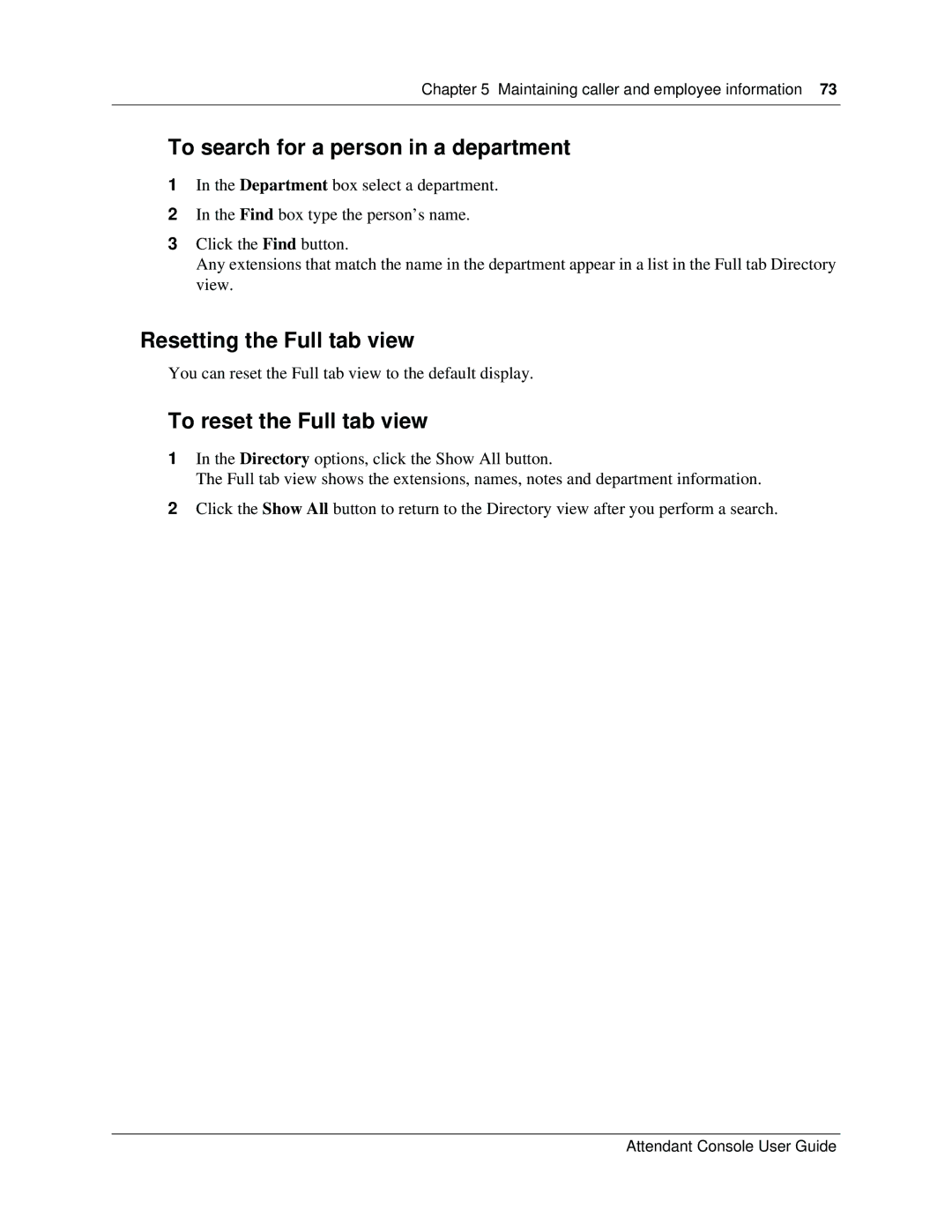 Nortel Networks Attendant Console manual To search for a person in a department, Resetting the Full tab view 