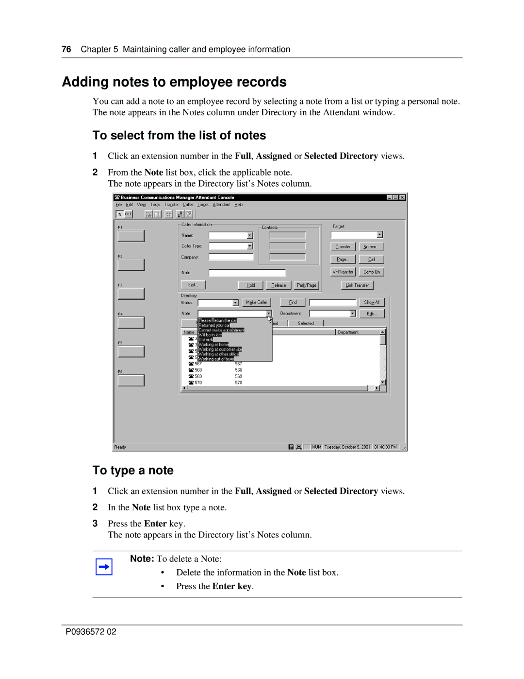 Nortel Networks Attendant Console manual Adding notes to employee records, To select from the list of notes, To type a note 