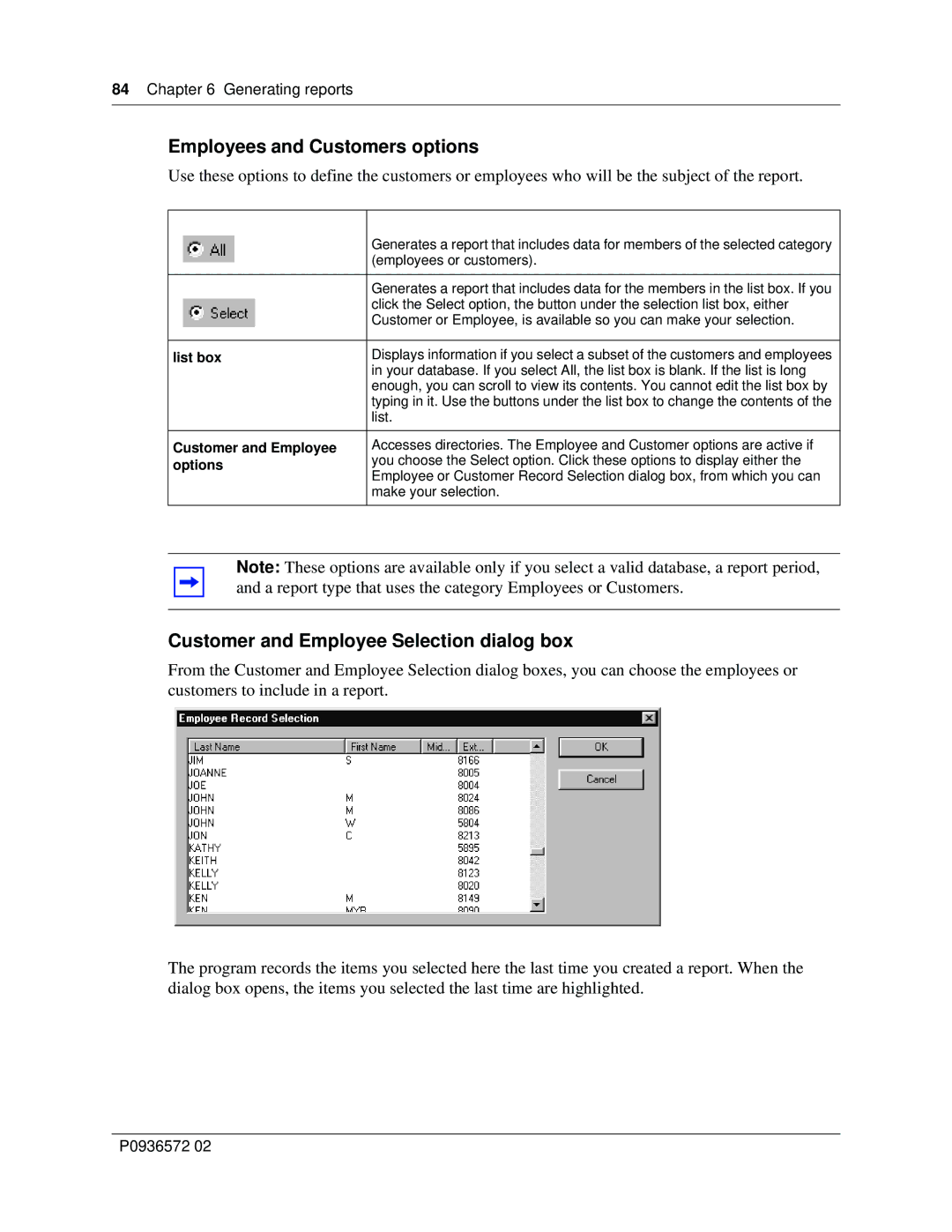 Nortel Networks Attendant Console Employees and Customers options, Customer and Employee Selection dialog box, List box 