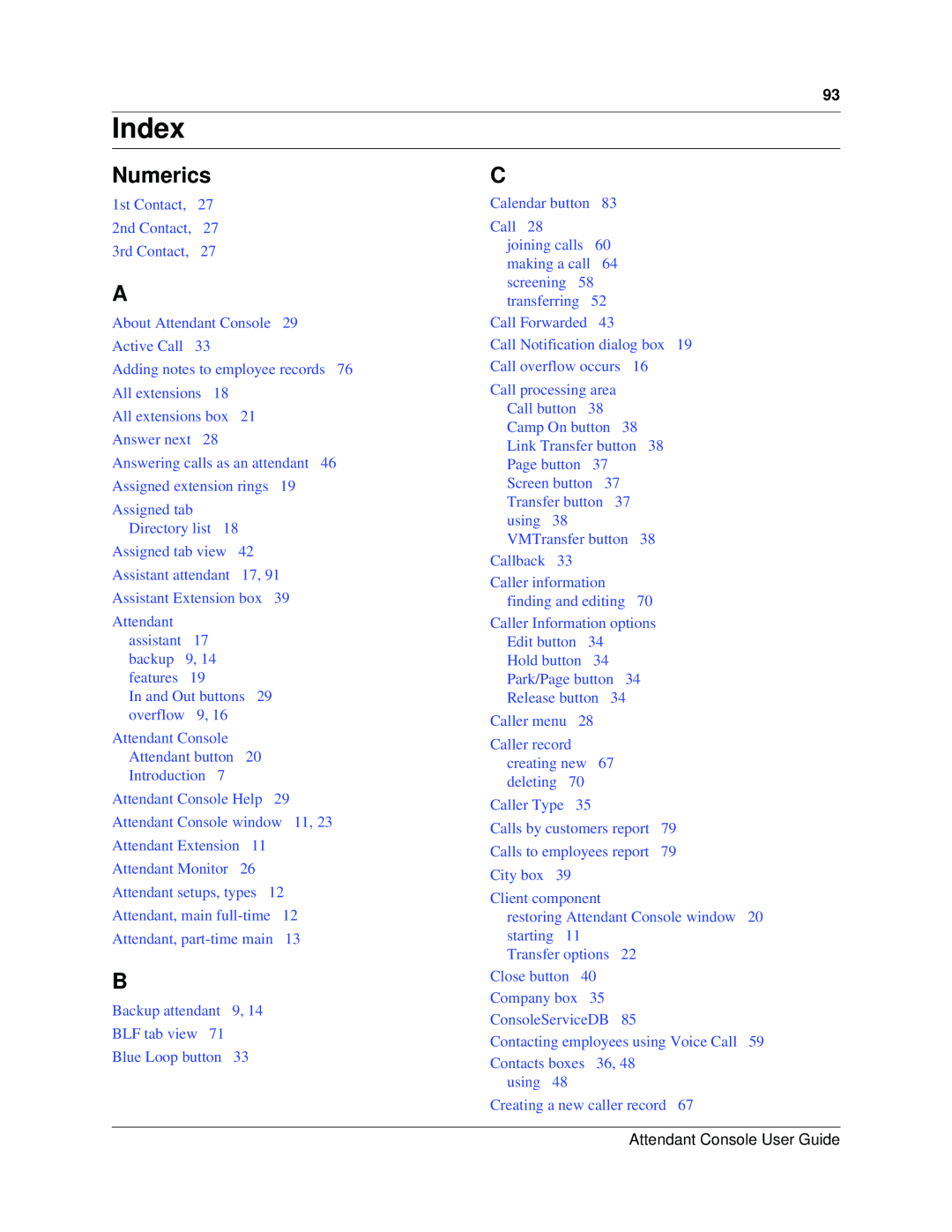 Nortel Networks Attendant Console manual Index, Numerics 