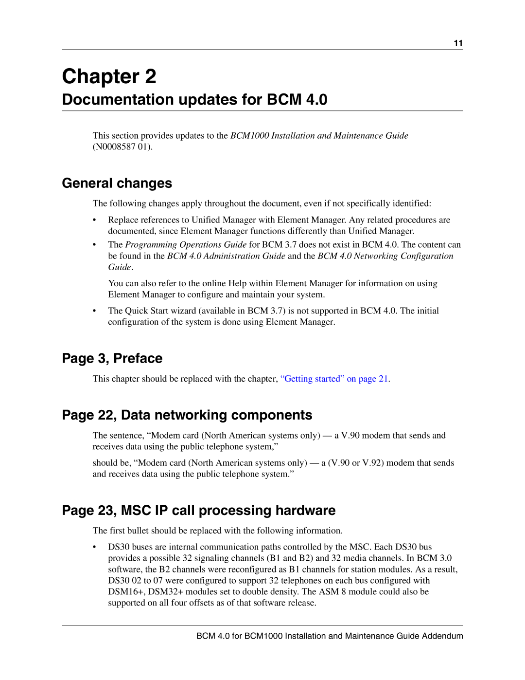 Nortel Networks BCM 1000 manual Documentation updates for BCM, General changes, 3, Preface, 22, Data networking components 