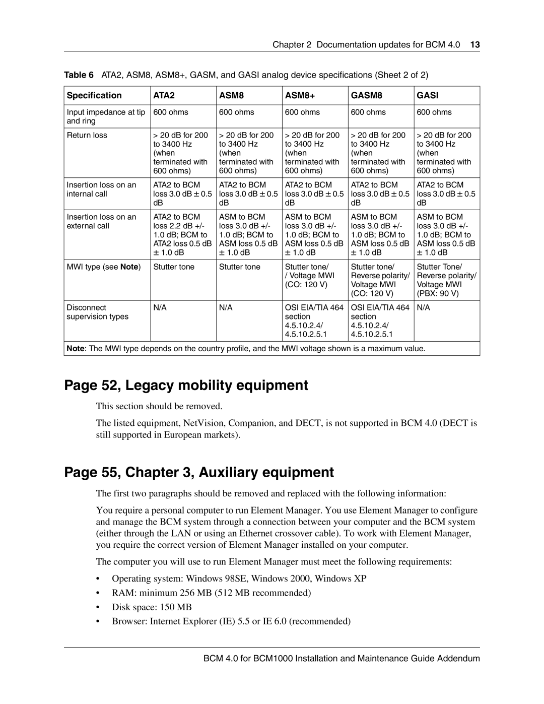 Nortel Networks BCM 1000 manual 52, Legacy mobility equipment, 55, , Auxiliary equipment 