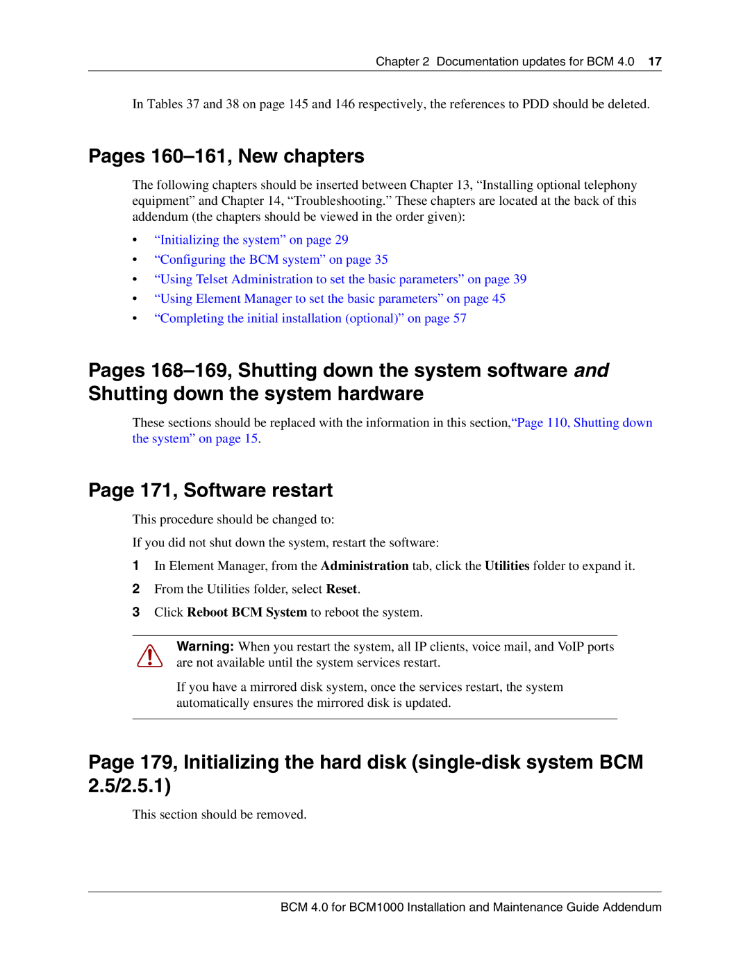 Nortel Networks BCM 1000 manual Pages 160-161, New chapters, 171, Software restart 