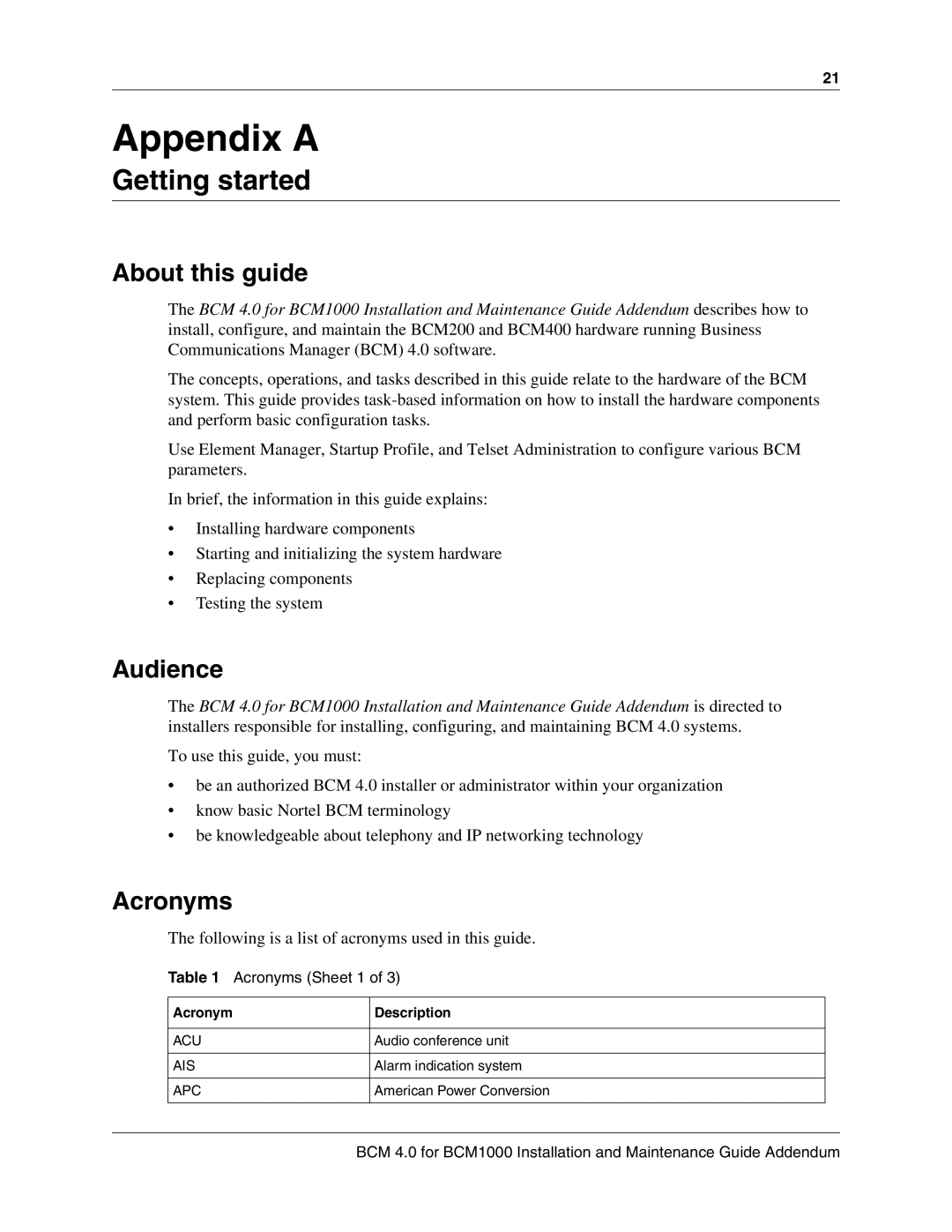 Nortel Networks BCM 1000 manual Appendix a, Getting started, About this guide, Audience, Acronyms 