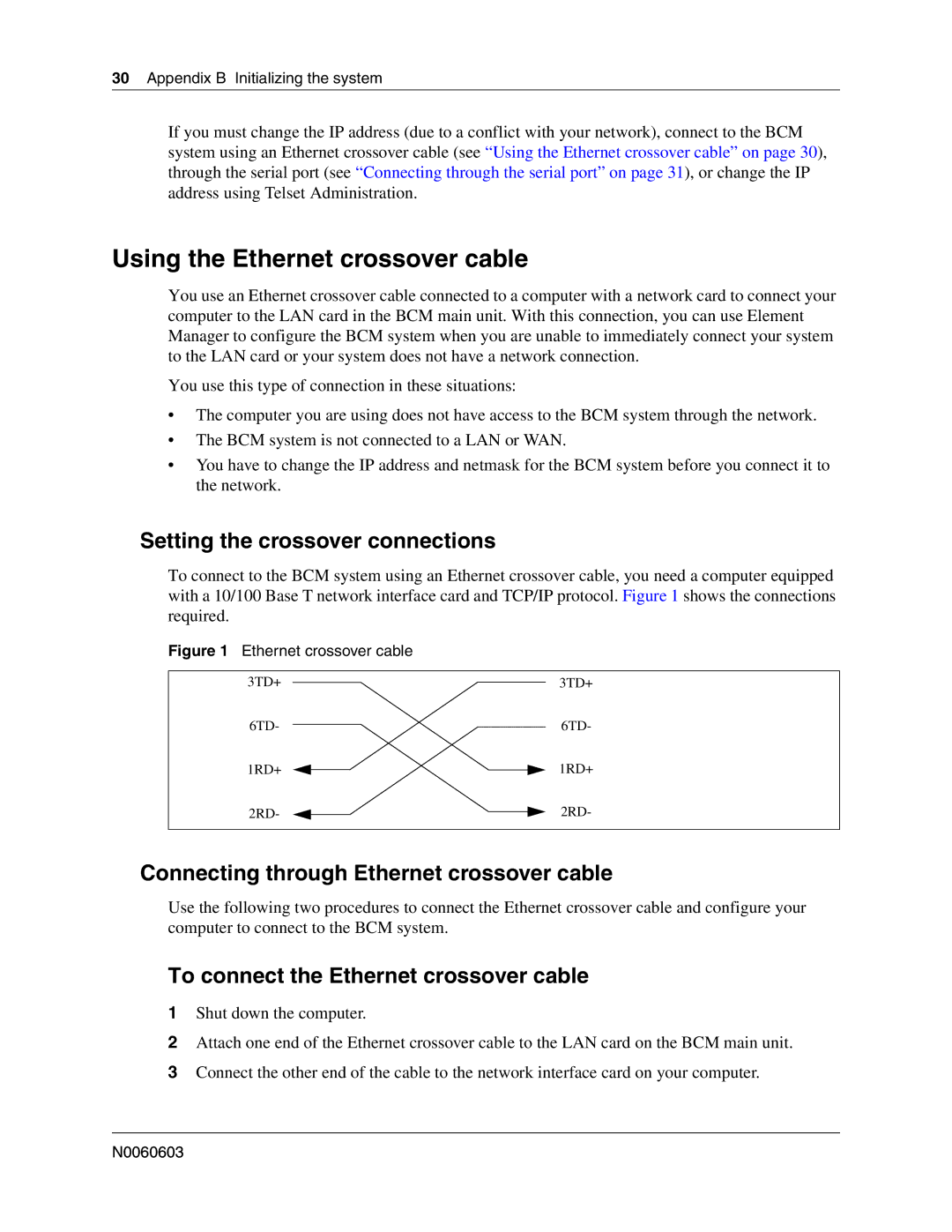 Nortel Networks BCM 1000 manual Using the Ethernet crossover cable, Setting the crossover connections 