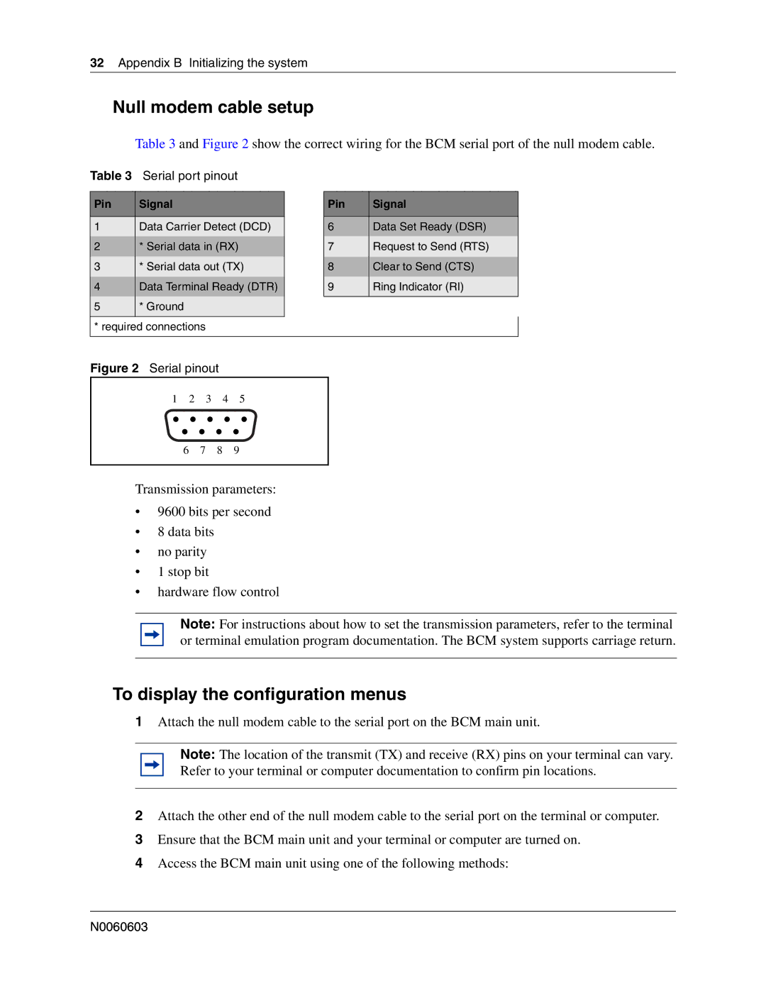 Nortel Networks BCM 1000 manual Null modem cable setup, To display the configuration menus, Serial port pinout, Pin Signal 