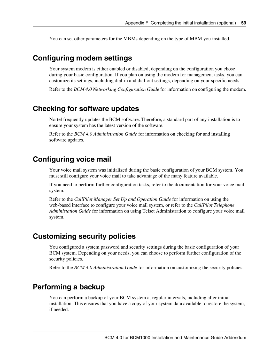 Nortel Networks BCM 1000 manual Configuring modem settings, Checking for software updates, Configuring voice mail 