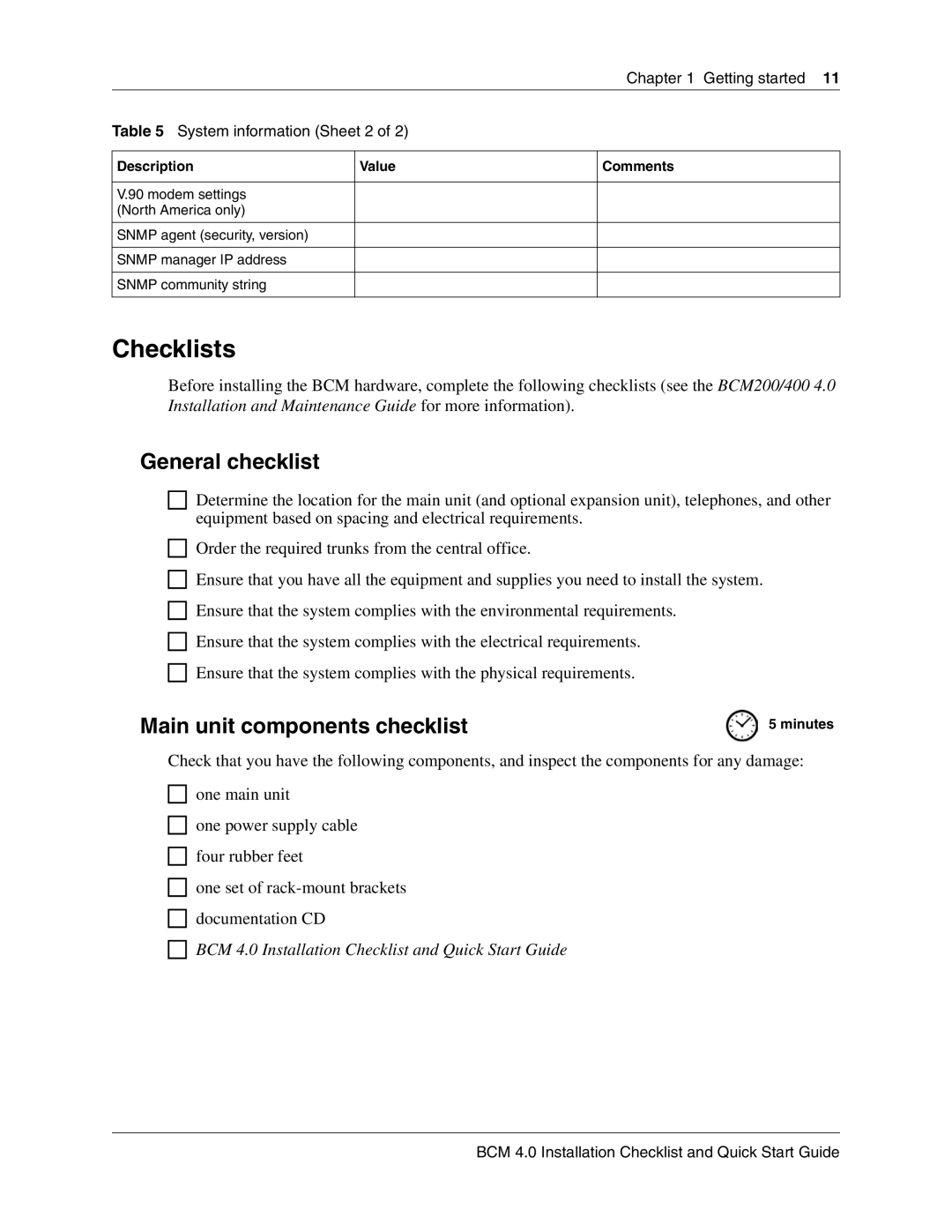 Nortel Networks BCM 4.0 quick start Checklists, General checklist, Main unit components checklist, Minutes 