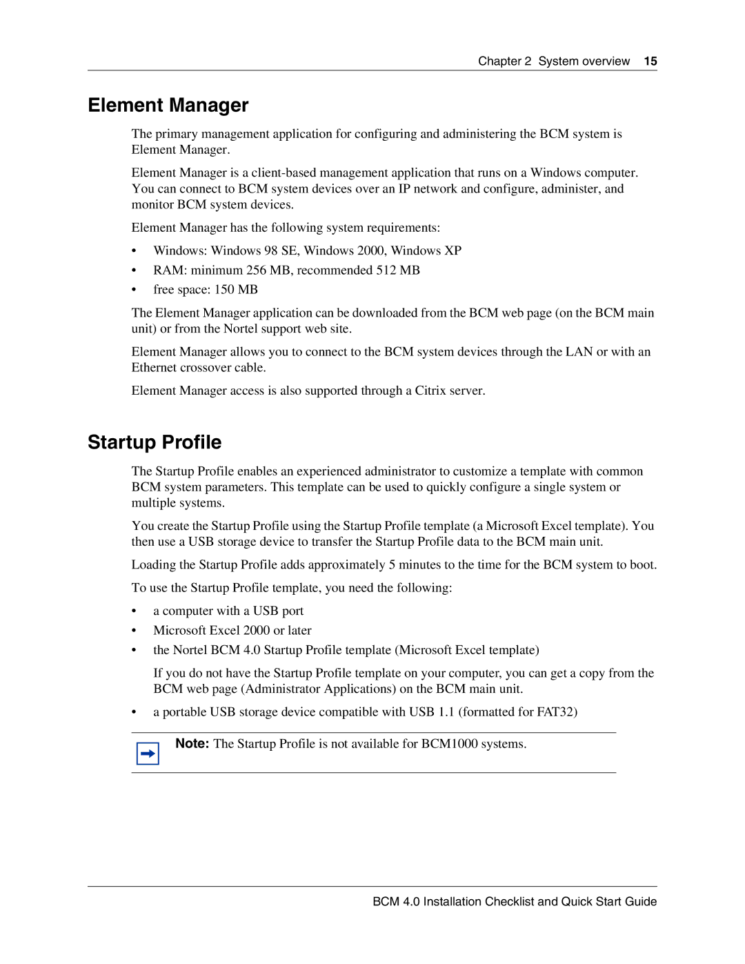 Nortel Networks BCM 4.0 quick start Element Manager, Startup Profile 