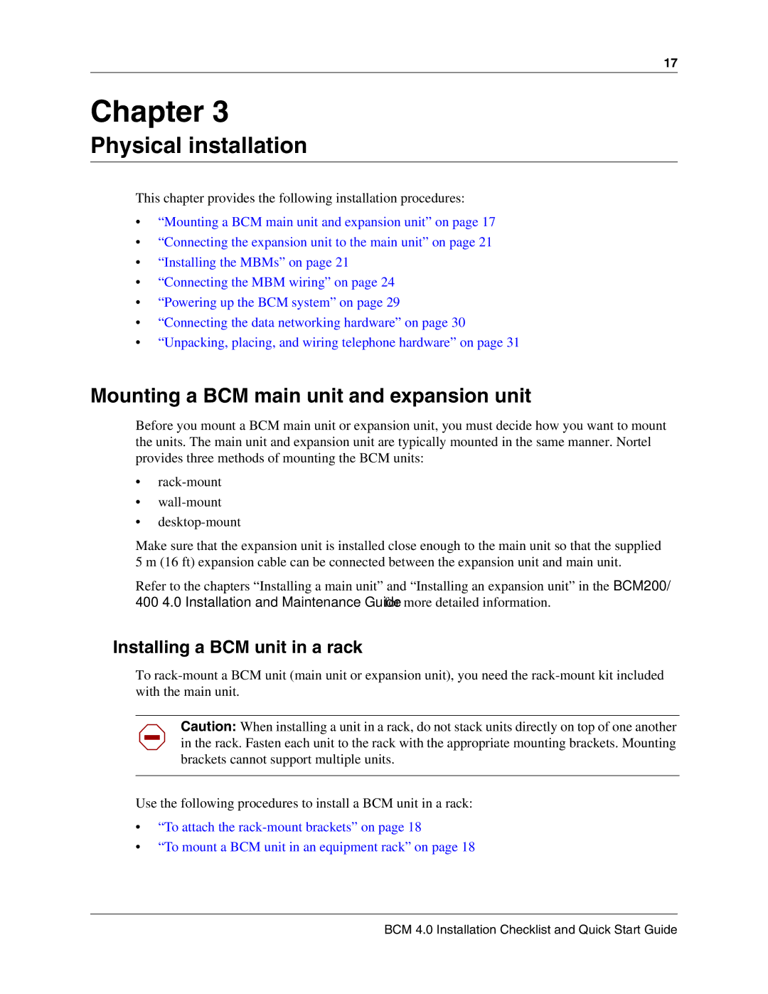 Nortel Networks BCM 4.0 quick start Mounting a BCM main unit and expansion unit, Installing a BCM unit in a rack 