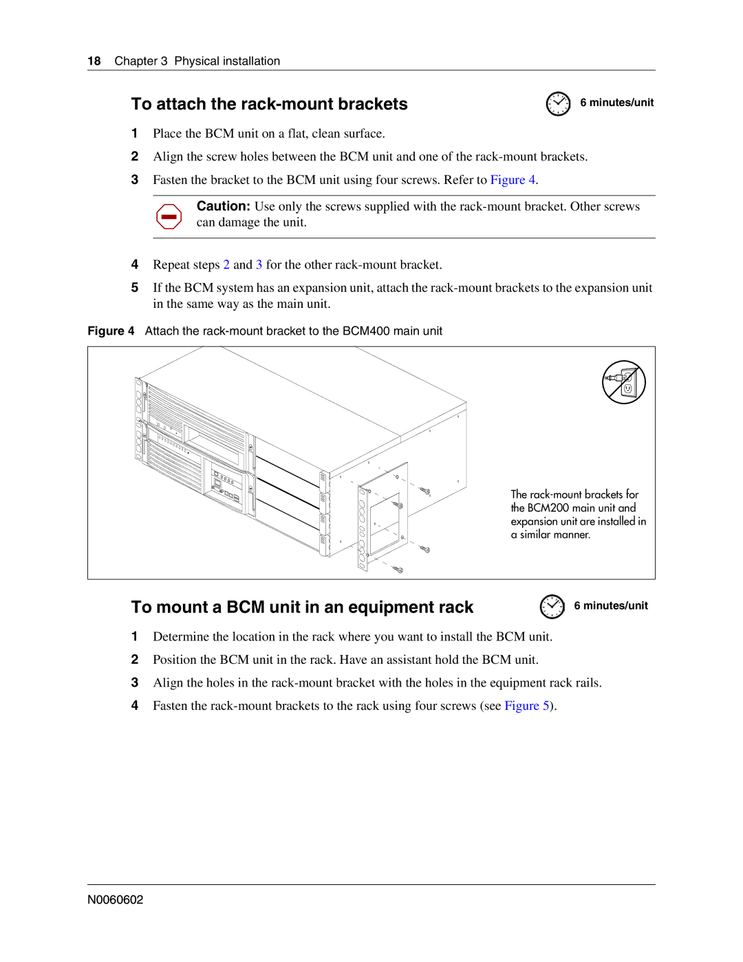 Nortel Networks BCM 4.0 To attach the rack-mount brackets, To mount a BCM unit in an equipment rack, Physical installation 