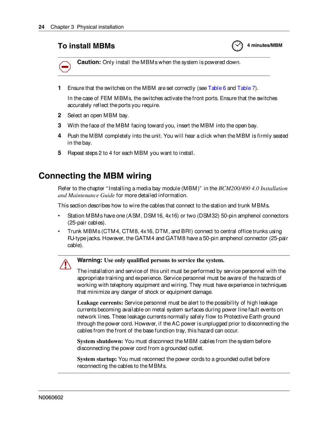 Nortel Networks BCM 4.0 quick start Connecting the MBM wiring, To install MBMs, Minutes/MBM 