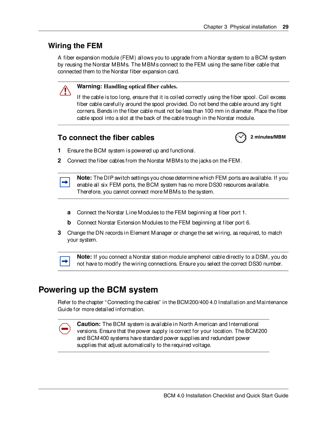 Nortel Networks BCM 4.0 quick start Powering up the BCM system, Wiring the FEM, To connect the fiber cables 