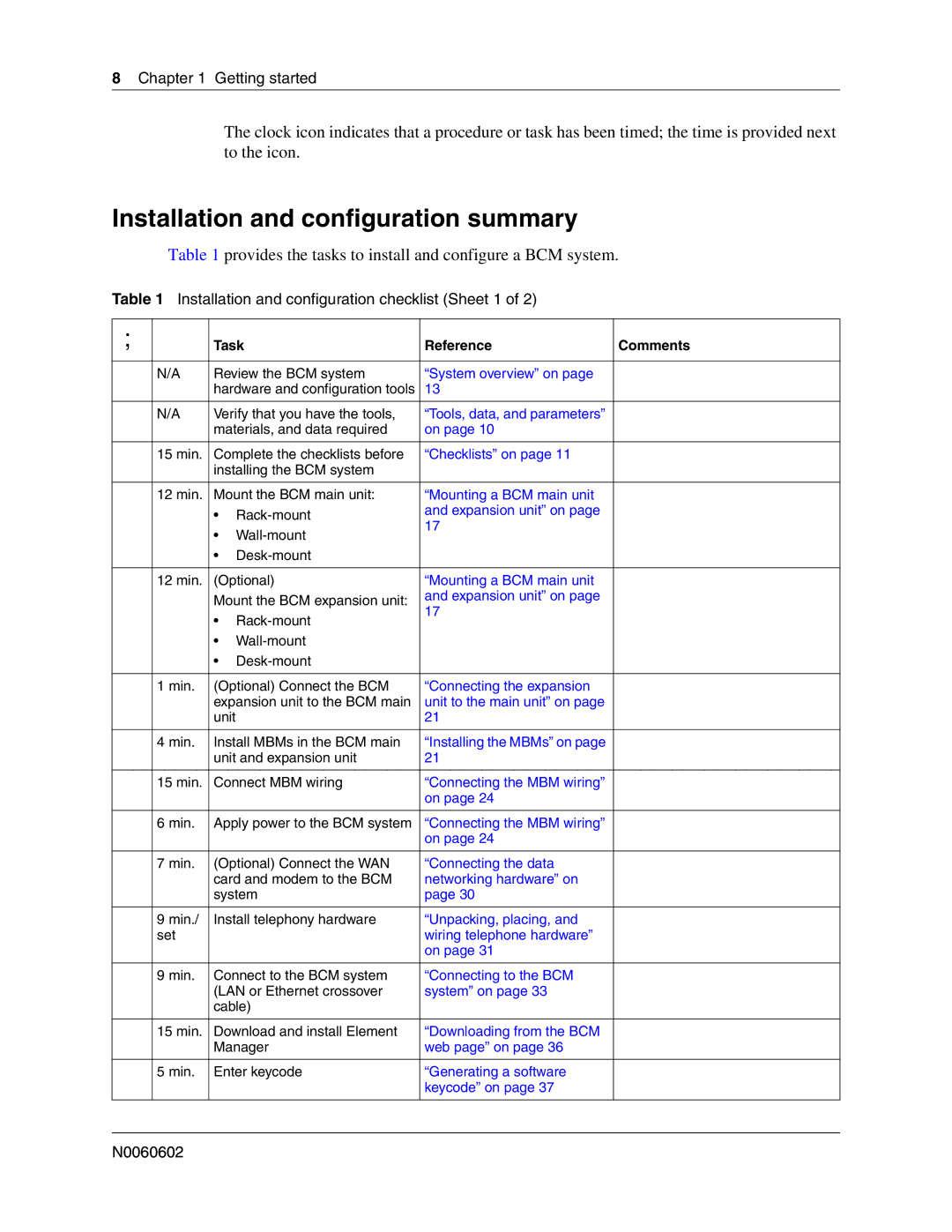 Nortel Networks BCM 4.0 quick start Installation and configuration summary, Getting started, Task Reference Comments 