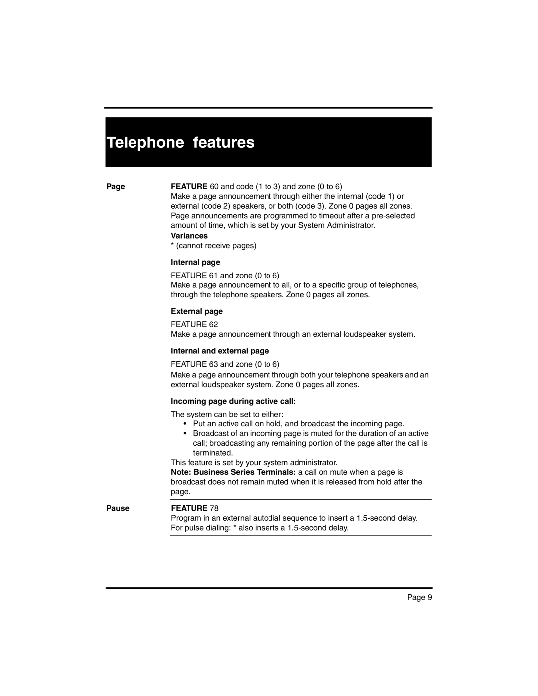 Nortel Networks BCM 4.0 manual External, Internal and external, Incoming page during active call, Pause 