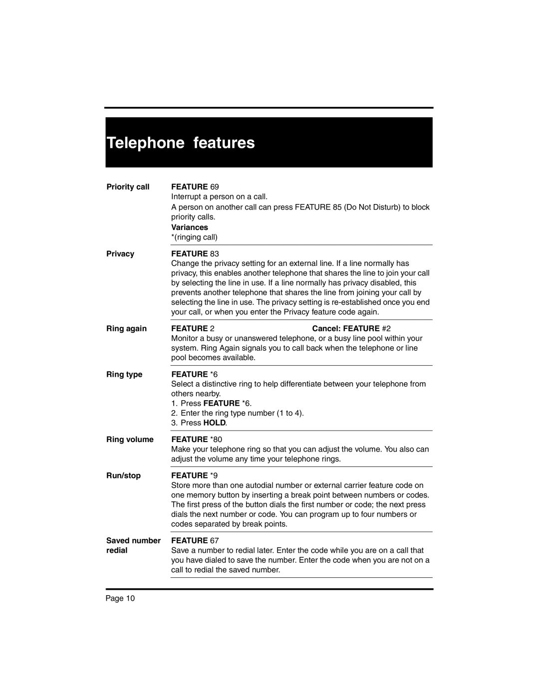 Nortel Networks BCM 4.0 manual Feature *6, Feature *80, Feature *9 