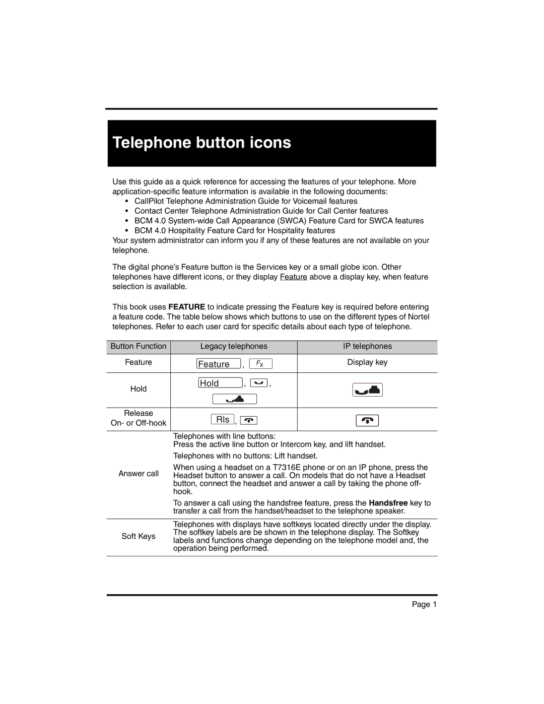 Nortel Networks BCM 4.0 manual Telephone button icons 