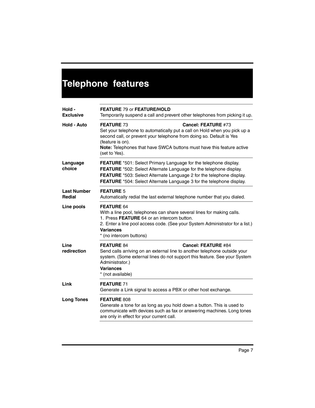 Nortel Networks BCM 4.0 manual Hold Feature 79 or FEATURE/HOLD Exclusive, Hold Auto, Cancel Feature #73, Language choice 