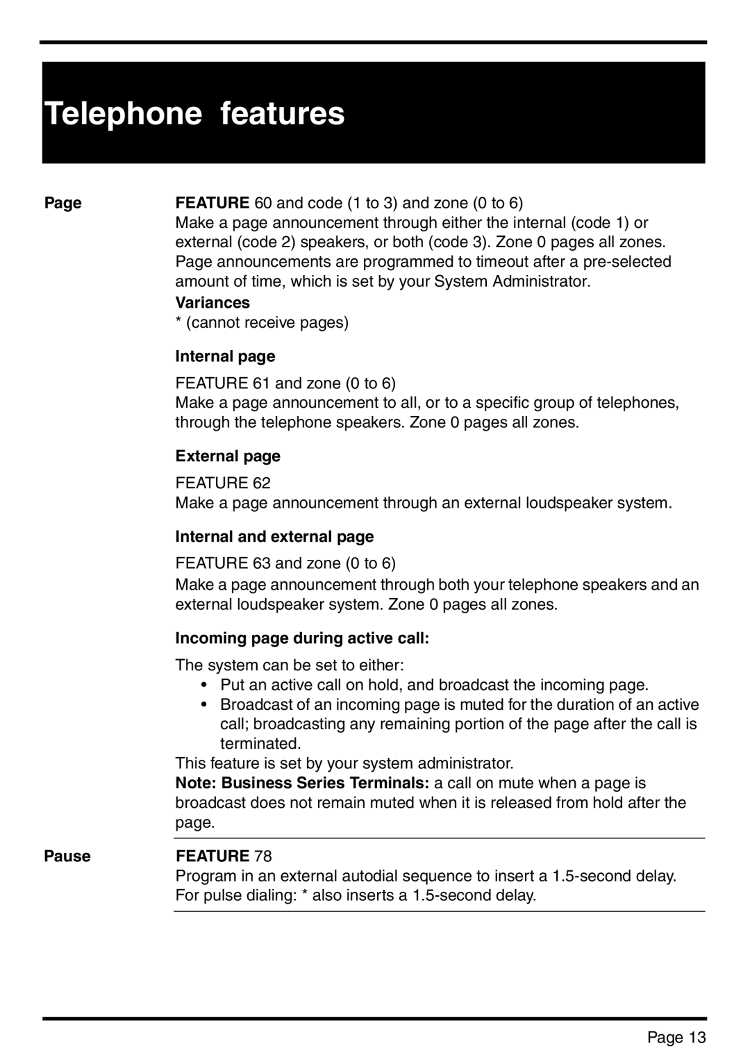 Nortel Networks BCM 450 manual External, Internal and external, Incoming page during active call, Pause 