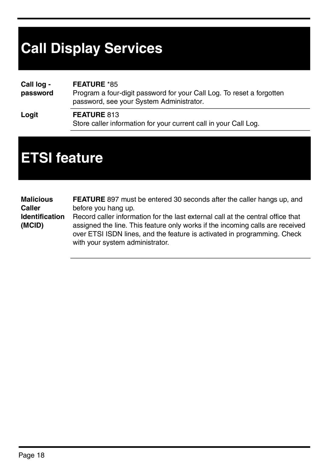 Nortel Networks BCM 450 manual Etsi feature, Feature *85, Logit, Mcid, With your system administrator 