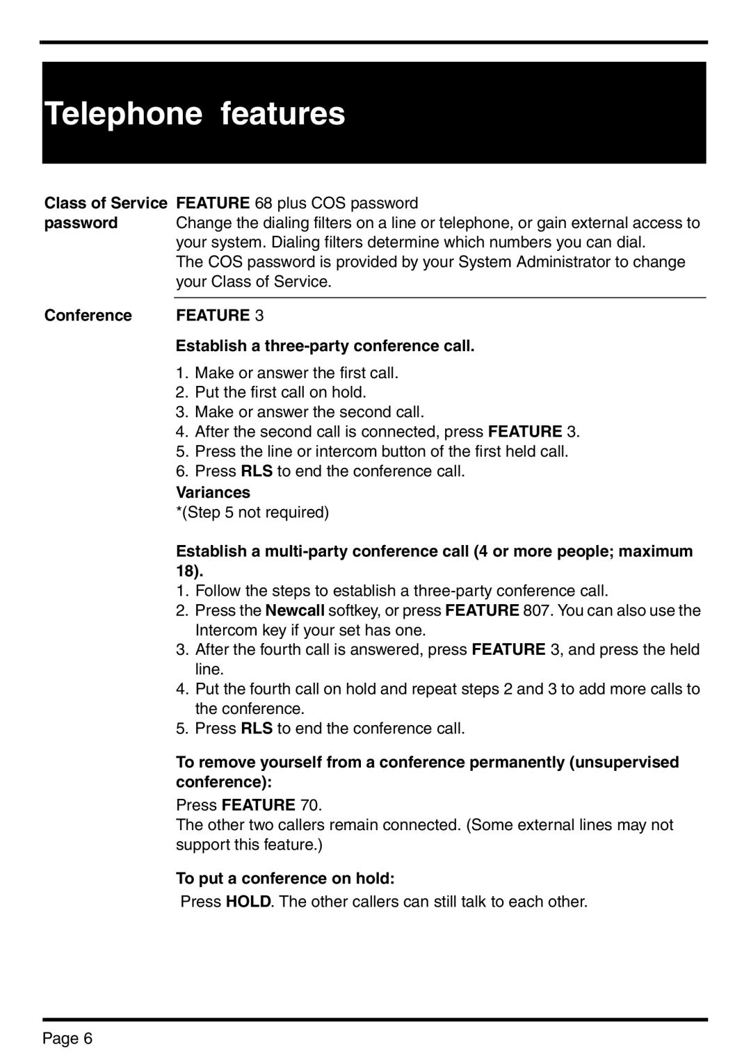 Nortel Networks BCM 450 manual Class of Service, Password, Conference, Establish a three-party conference call 